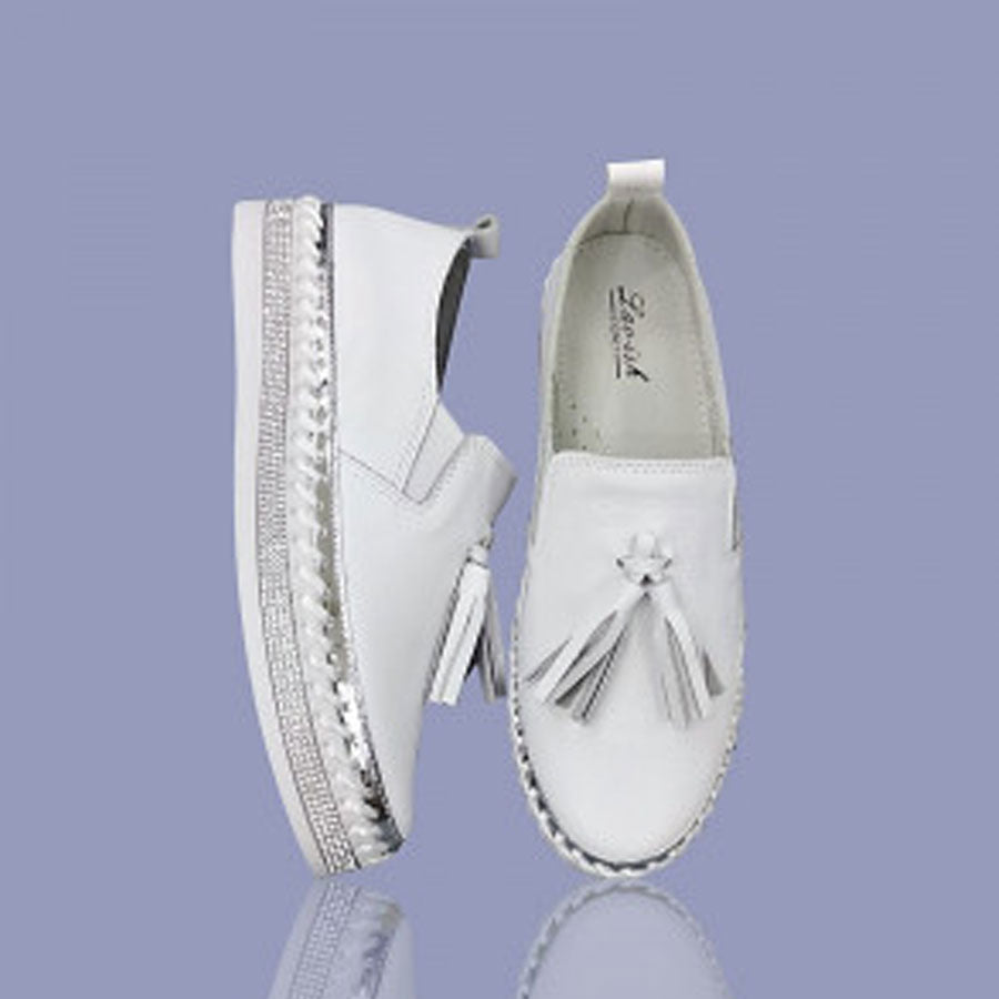 LAV-ISH Leather Sneaker with Tassel - White