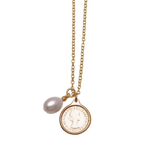 VON TRESKOW Threepence & Oval Pearl Necklace- Yellow Gold