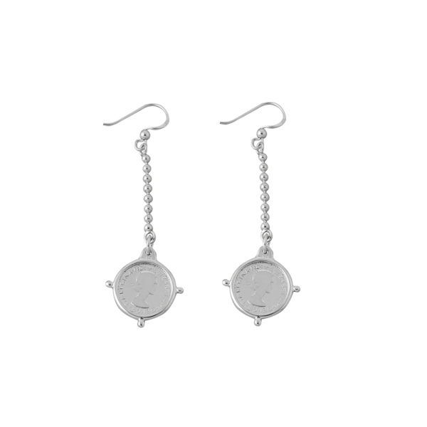 VON TRESKOW Sterling Silver Ball Chain Earrings With Threepence in Compass Frame
