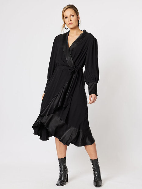 HAMMOCK & VINE Tuxedo Satin Wrap Dress - Black