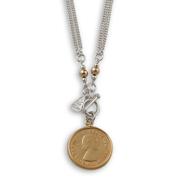 VON TRESKOW Sterling Silver Fine Double Curb Chain Necklace With Gold Plated Shilling Coin