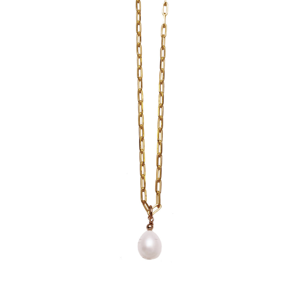 VON TRESKOW Yellow Gold Plated Chain Necklace with Oval Freshwater Pearl
