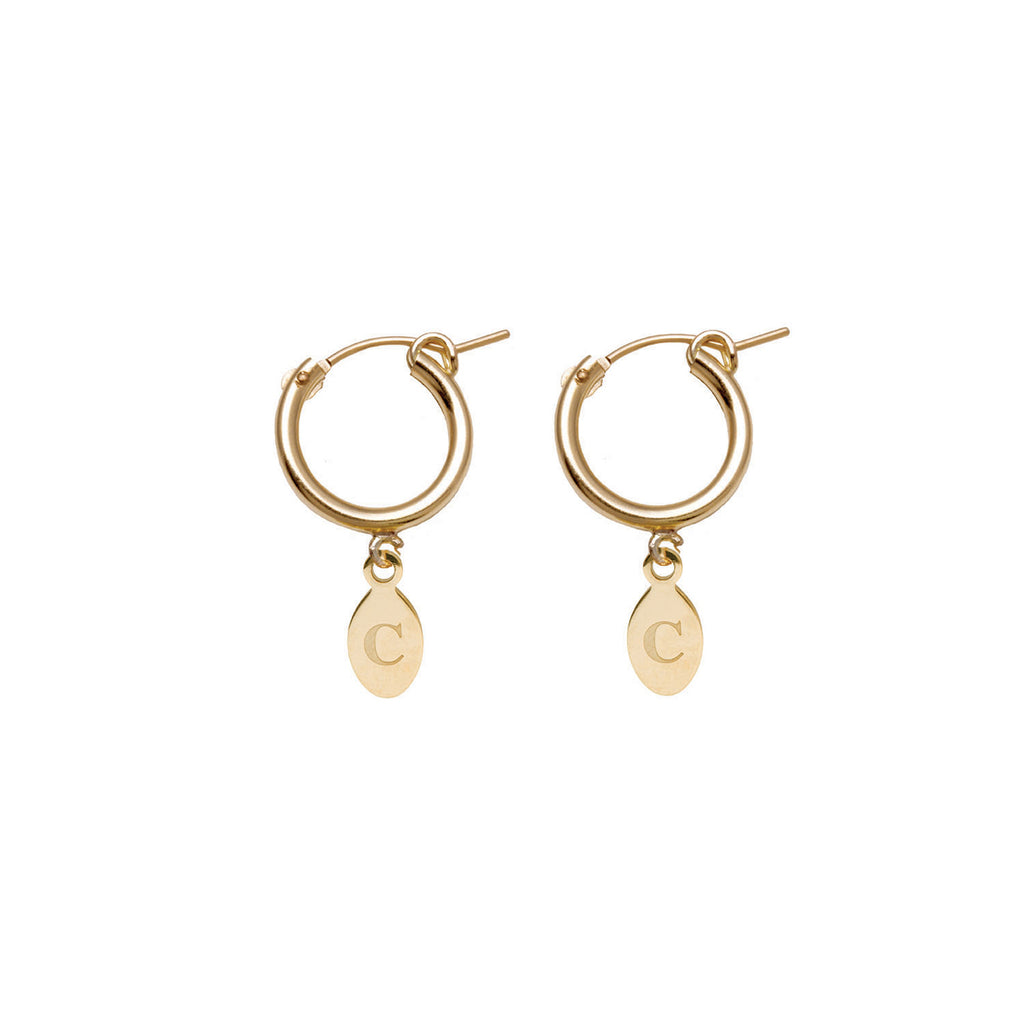 VON TRESKOW Yellow Gold Filled Hoop Earrings with Oval Initial - C