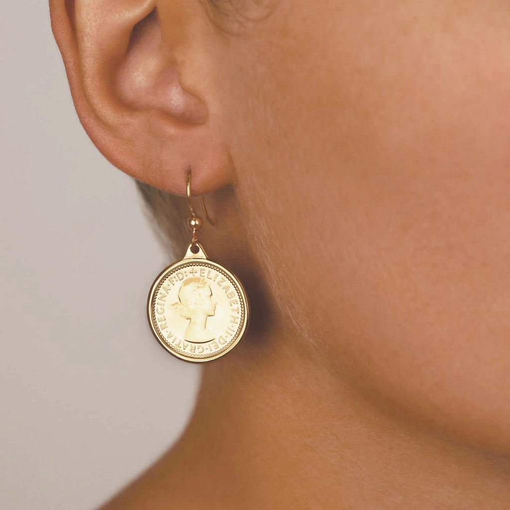 VON TRESKOW Hook Earrings with Australian Sixpence Coin - Yellow Gold